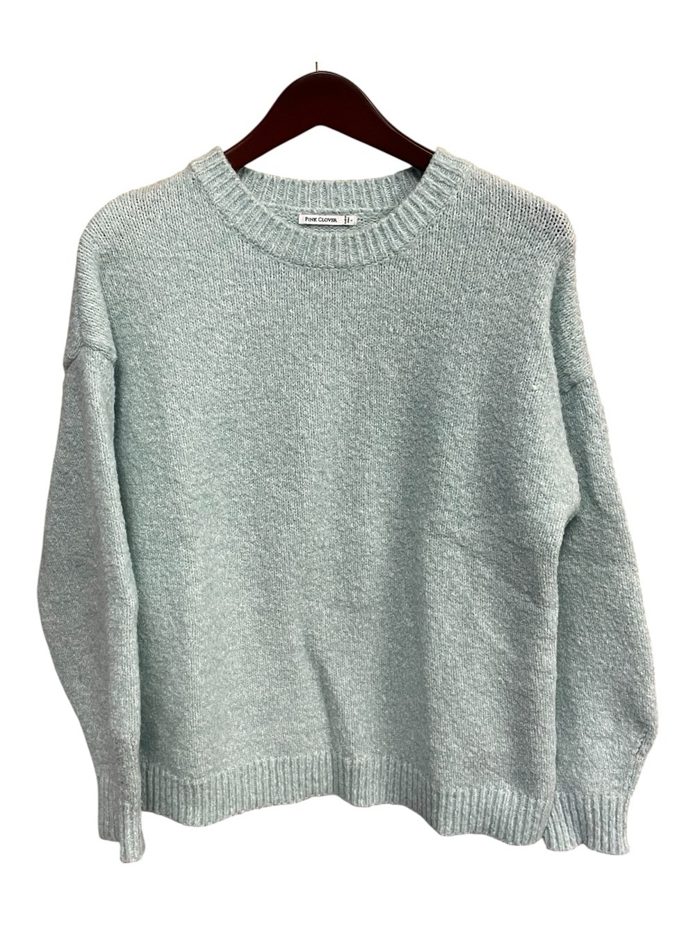 Pink Clover Knit Sweater Light Blue Crewneck Cozy Size Large